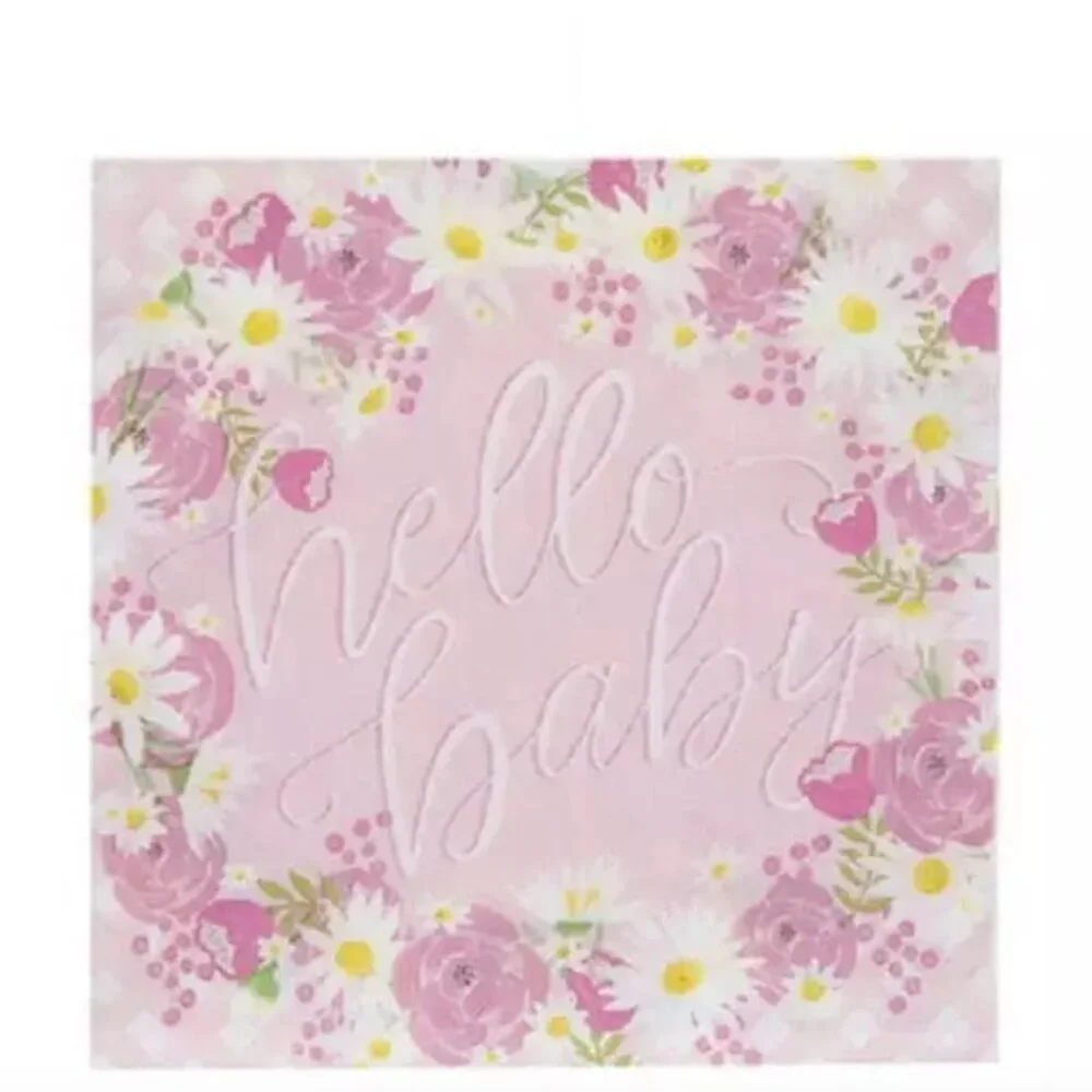 Pink Hello Baby Shower Napkins 50ct - Floral Gingham Party Supplies 6.5